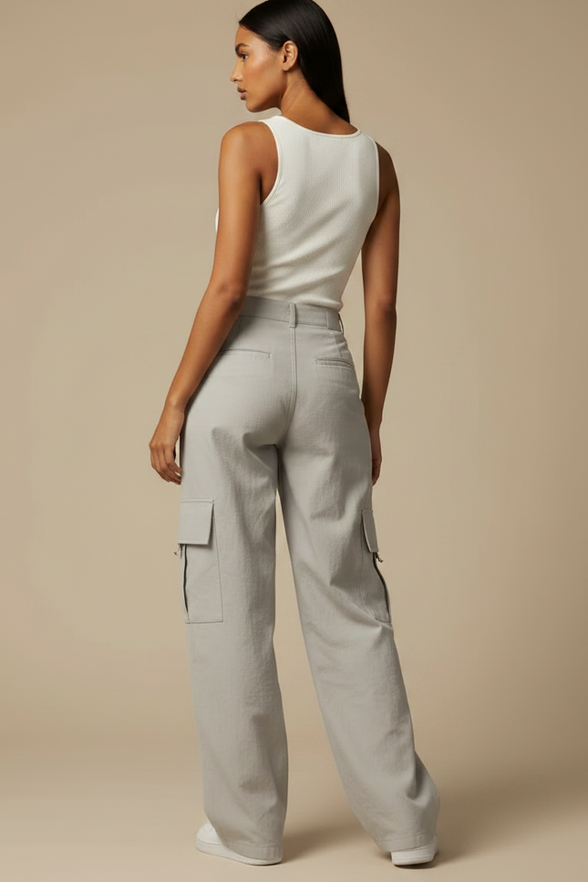Pantalon Parachute Gris Ample Cargo Décontracté Femme - Toile - vue 2