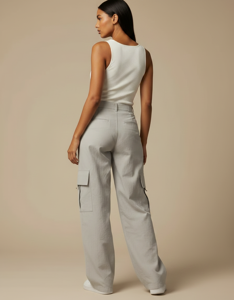 Pantalon Parachute Gris Ample Cargo Décontracté Femme - Toile - vue 2