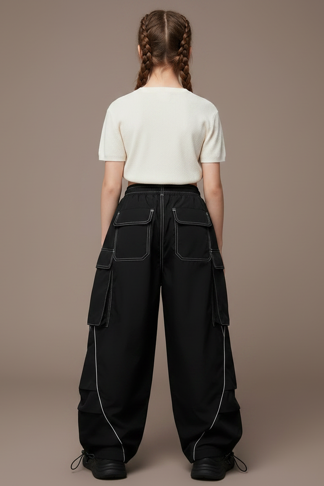 Pantalon Parachute Noir Cargo Ample Streetwear Fille - Polyester - vue 2