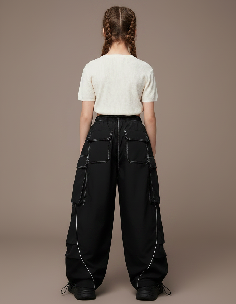 Pantalon Parachute Noir Cargo Ample Streetwear Fille - Polyester - vue 2