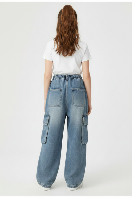 Pantalon Parachute Denim Ample Cargo Enfant - Bleu Jean - vue 2
