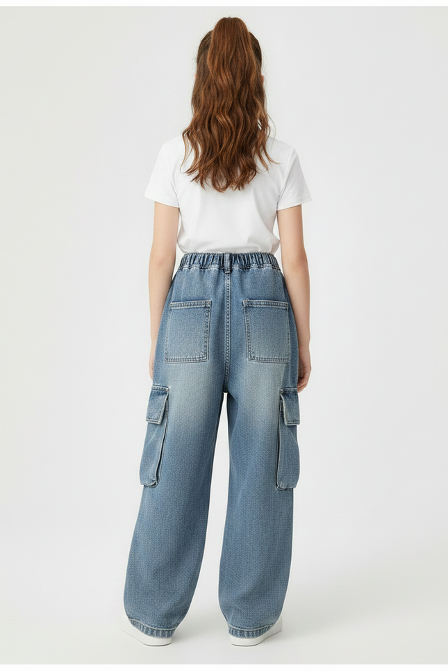 Pantalon Parachute Denim Ample Cargo Enfant - Bleu Jean - vue 2