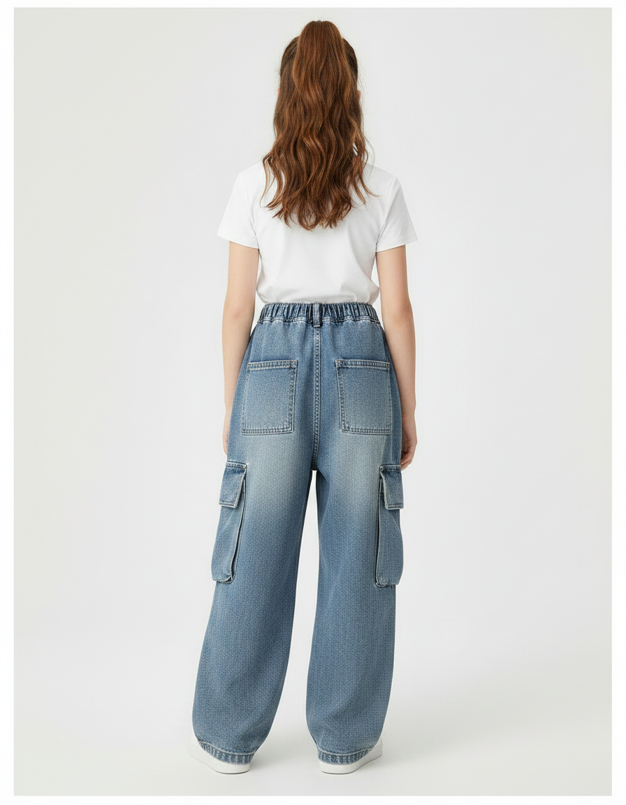 Pantalon Parachute Denim Ample Cargo Enfant - Bleu Jean - vue 2