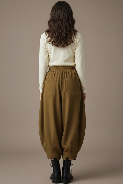 Pantalon Parachute Marron Coton Ample Décontracté Femme - Kaki - vue 2