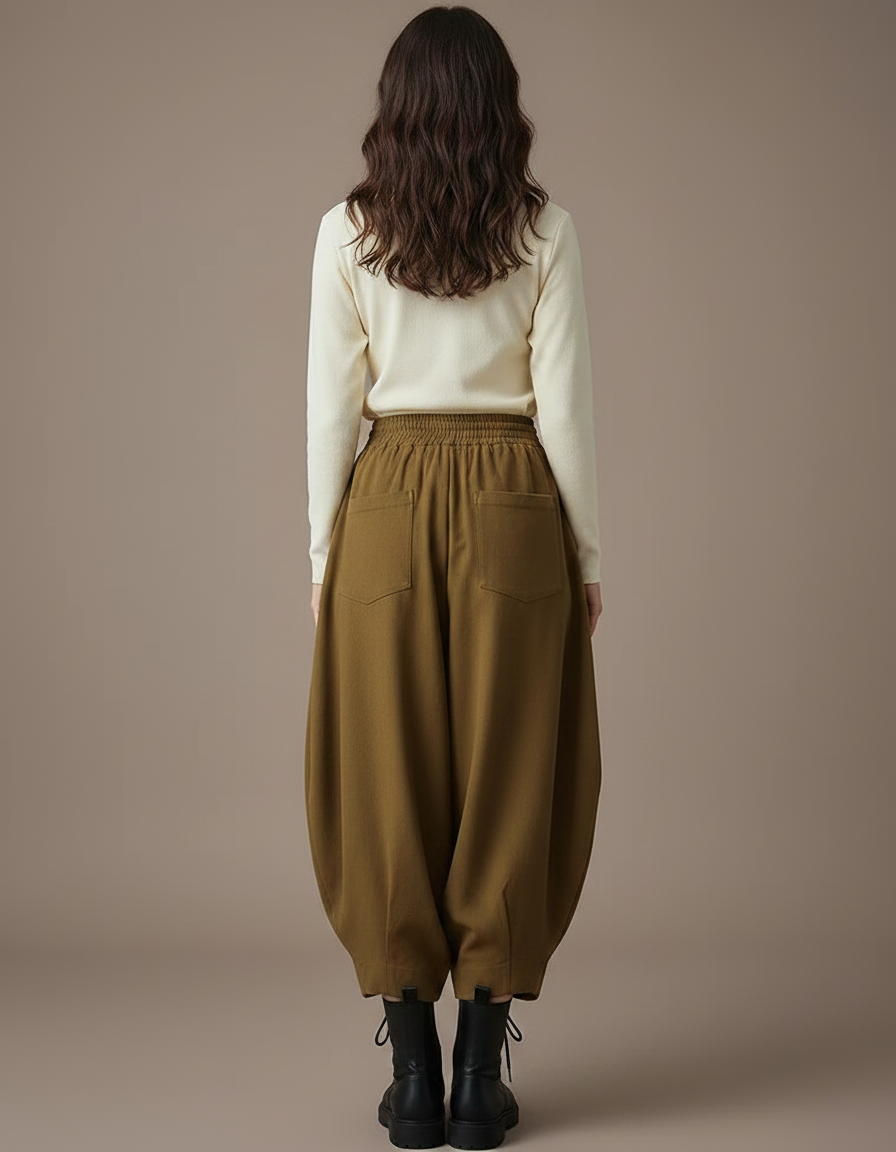 Pantalon Parachute Marron Coton Ample Décontracté Femme - Kaki - vue 2