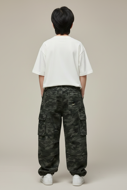 Pantalon Parachute Camouflage Ample Cargo Enfant Streetwear - Kaki Jean - vue 2