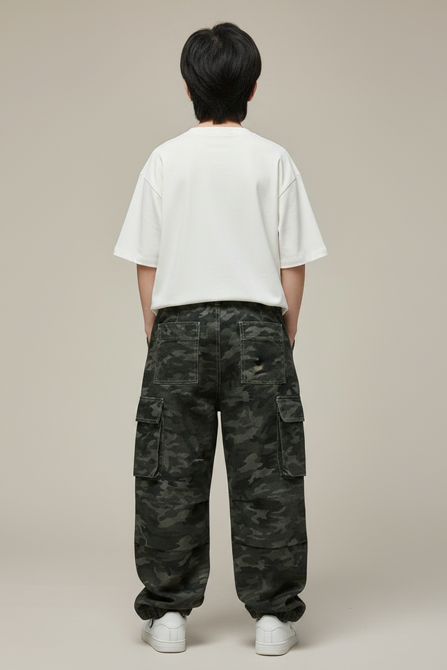 Pantalon Parachute Camouflage Ample Cargo Enfant Streetwear - Kaki Jean - vue 2