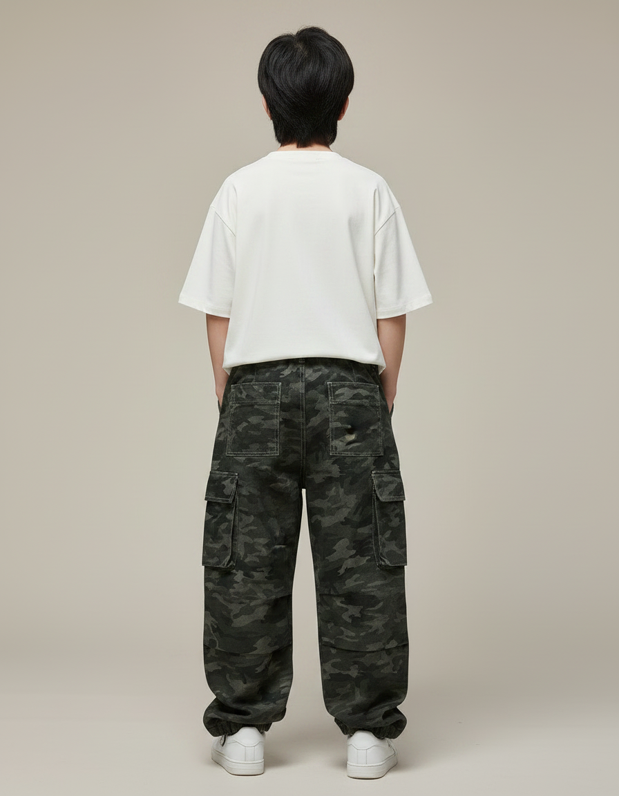 Pantalon Parachute Camouflage Ample Cargo Enfant Streetwear - Kaki Jean - vue 2
