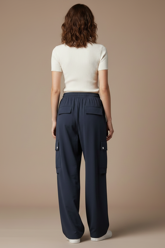 Pantalon Parachute Bleu Marine Ample Cargo Décontracté Femme - Polyester - vue 2
