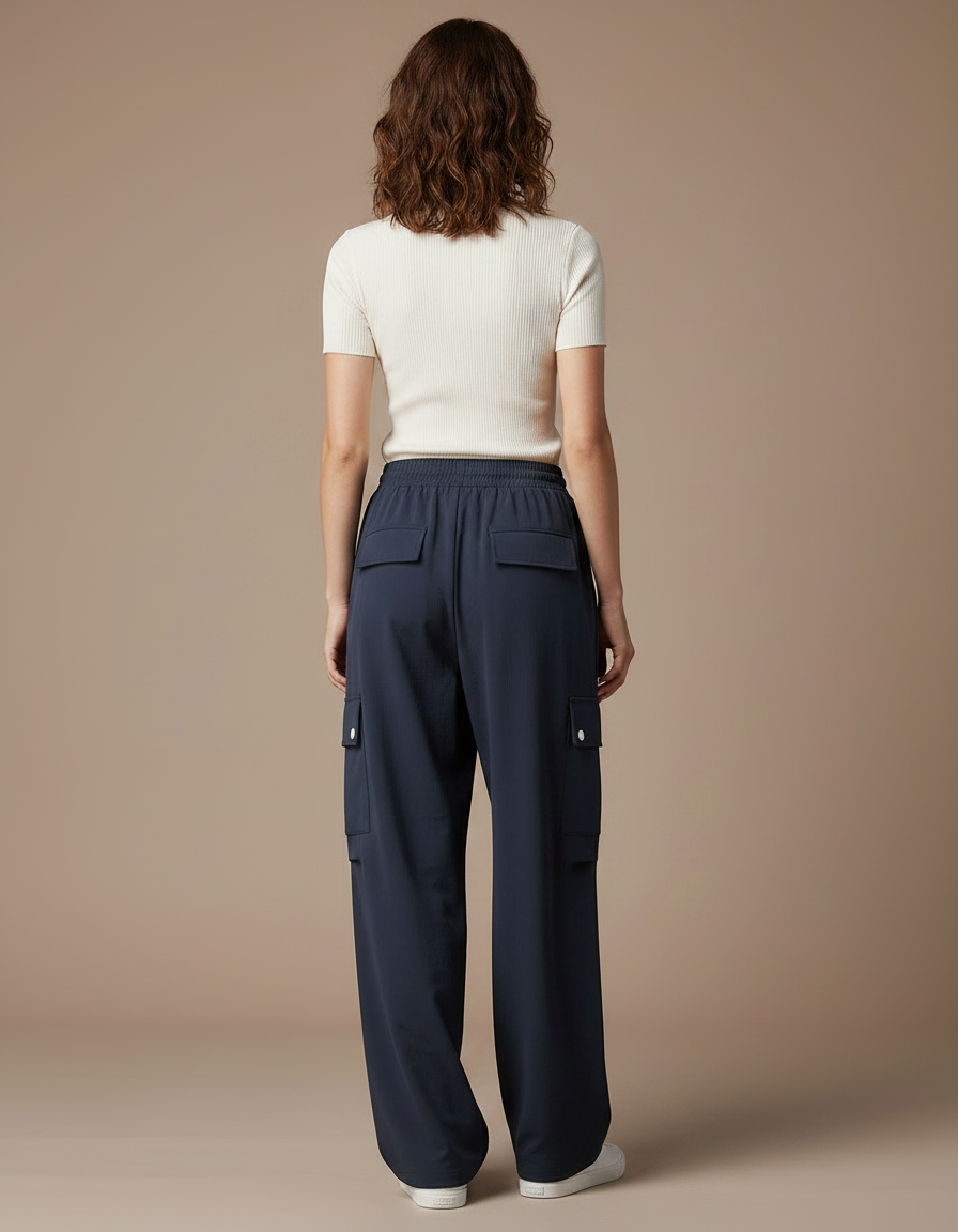 Pantalon Parachute Bleu Marine Ample Cargo Décontracté Femme - Polyester - vue 2