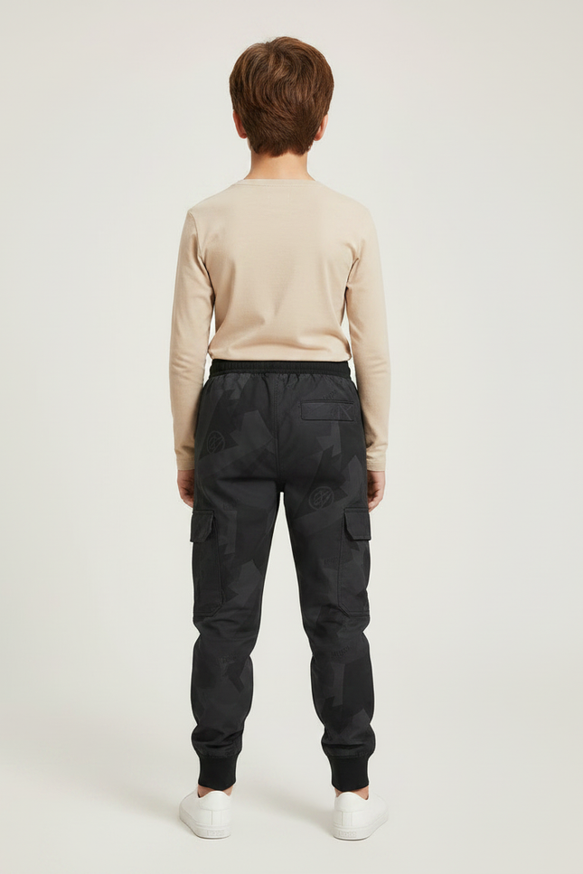 Pantalon Parachute Noir Cargo Imprimé Géométrique Cordon Junior - Polyester - vue 2