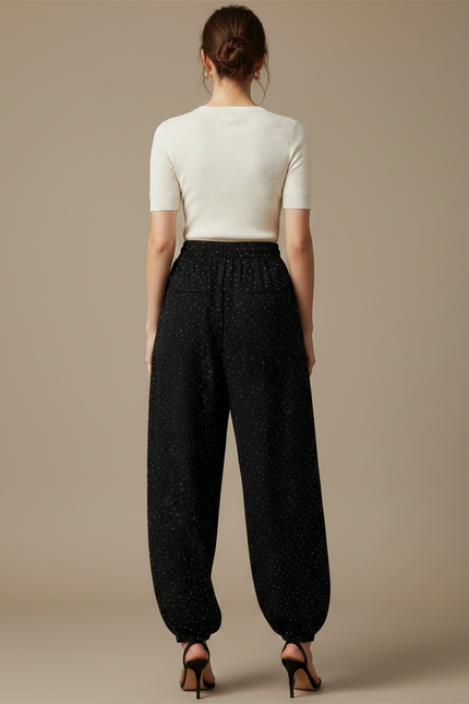 Pantalon Parachute Noir Fluide Poitillé Élégant Ample - Viscose - vue 2
