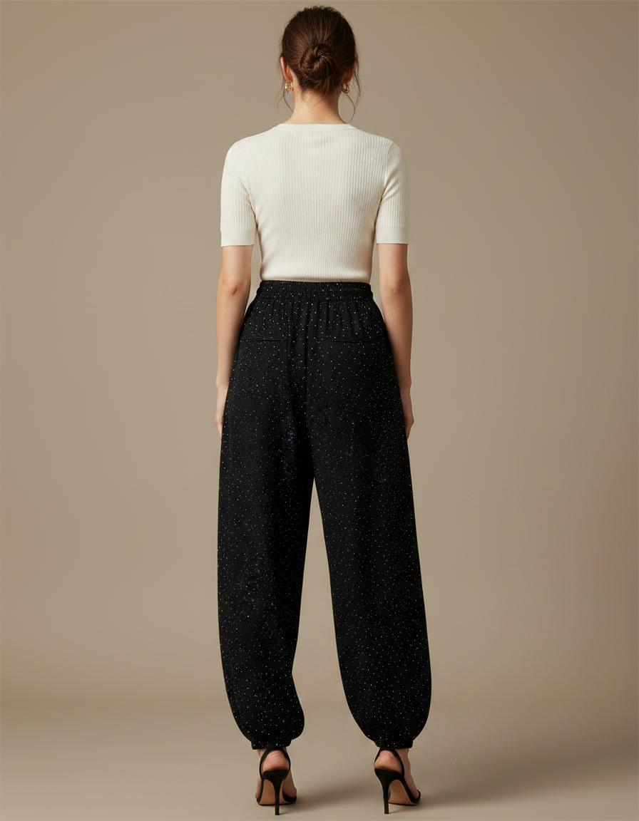 Pantalon Parachute Noir Fluide Poitillé Élégant Ample - Viscose - vue 2