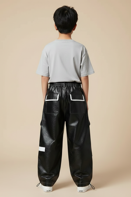 Pantalon Parachute Noir Cargo Imprimé Garçon Streetwear - Simili cuir - vue 2