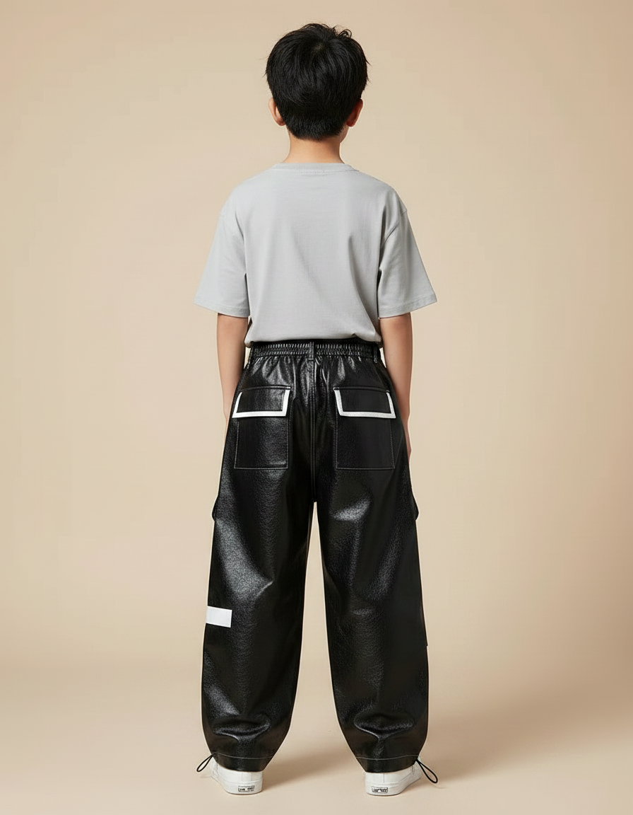 Pantalon Parachute Noir Cargo Imprimé Garçon Streetwear - Simili cuir - vue 2