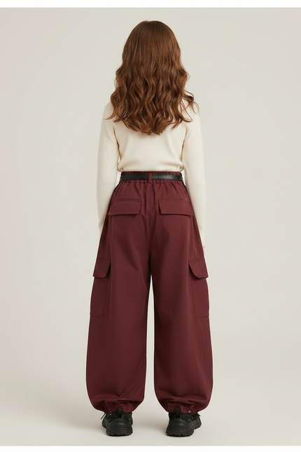 Pantalon Parachute Bordeaux Cargo Ample Ceinturé Fille - Gabardine - vue 2