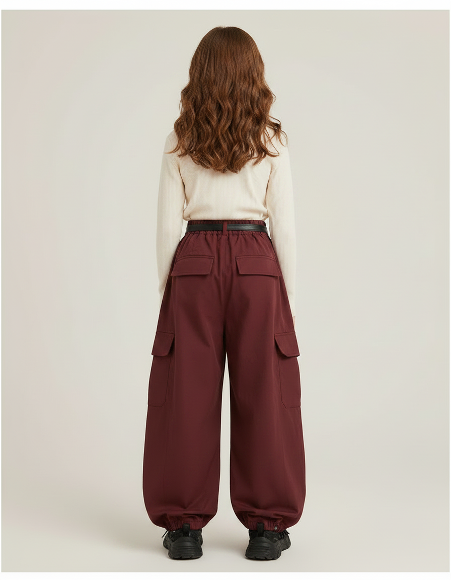 Pantalon Parachute Bordeaux Cargo Ample Ceinturé Fille - Gabardine - vue 2