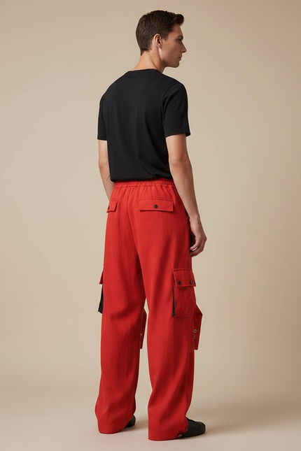 Pantalon Parachute Rouge Ample Cargo Streetwear Homme - Toile - vue 2