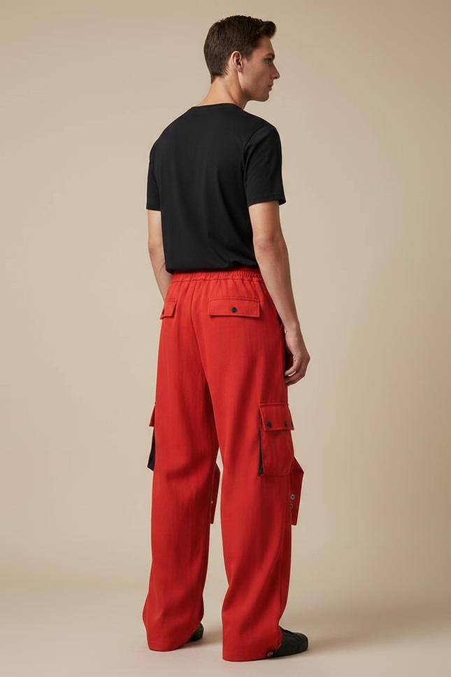 Pantalon Parachute Rouge Ample Cargo Streetwear Homme - Toile - vue 2