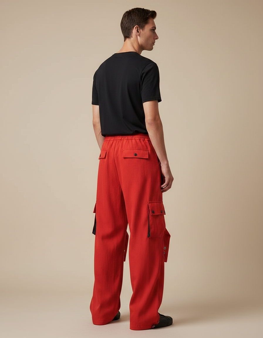 Pantalon Parachute Rouge Ample Cargo Streetwear Homme - Toile - vue 2