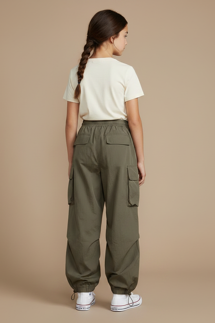 Pantalon Parachute Vert Kaki Ample Cargo Fille - Polyester - vue 2