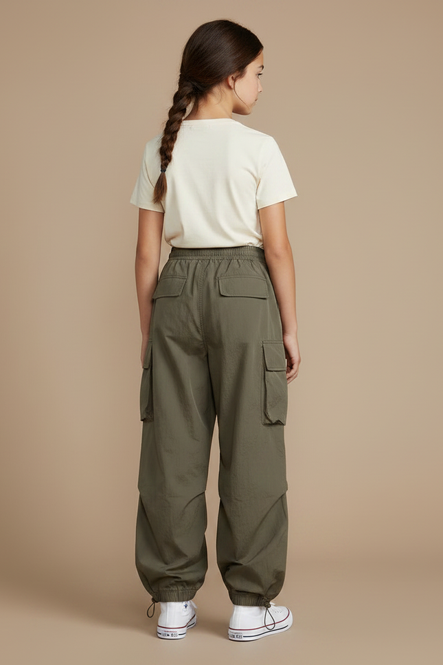 Pantalon Parachute Vert Kaki Ample Cargo Fille - Polyester - vue 2