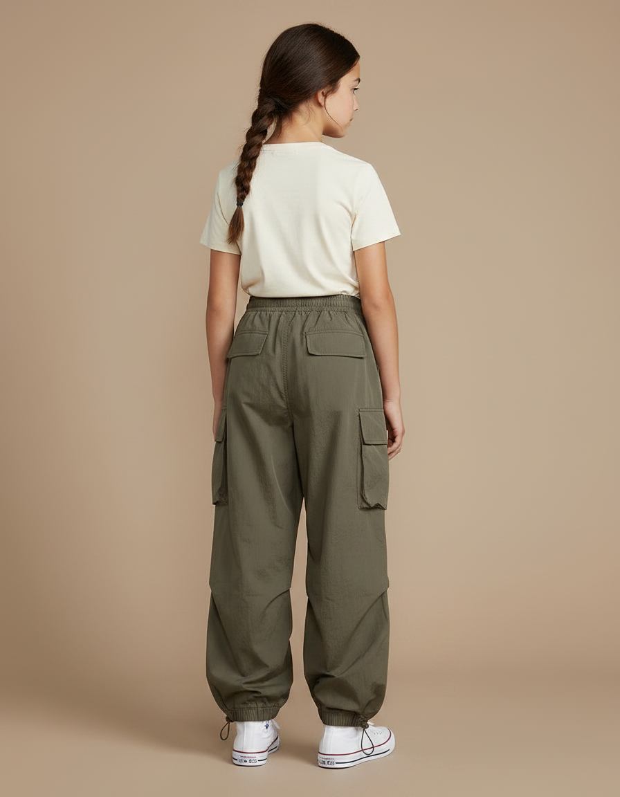 Pantalon Parachute Vert Kaki Ample Cargo Fille - Polyester - vue 2