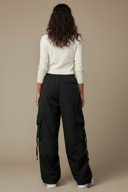 Pantalon Parachute Noir Cargo Ample Femme Y2K - Polyester - vue 2