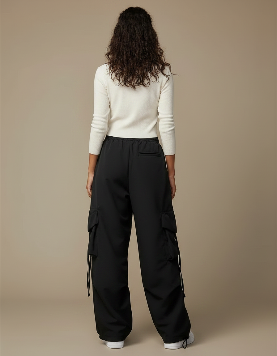 Pantalon Parachute Noir Cargo Ample Femme Y2K - Polyester - vue 2
