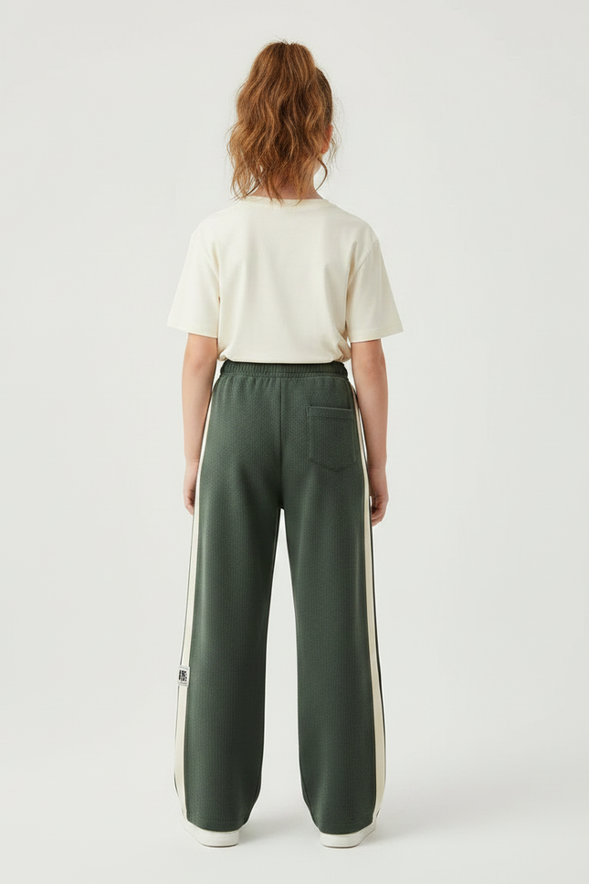 Pantalon Parachute Vert Ample Bandes Crème Fille - Maille - vue 2