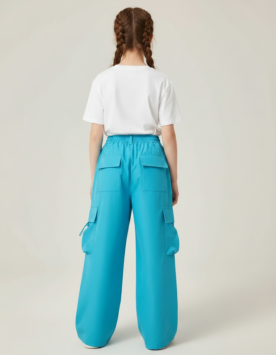 Pantalon Parachute Bleu Cargo Ample Taille Haute Enfant - Polyester - vue 2