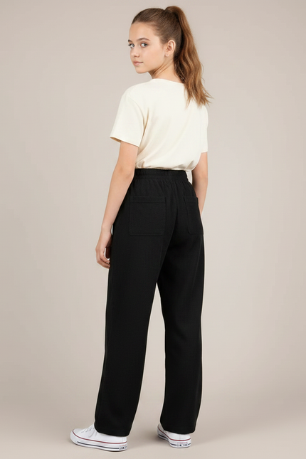 Pantalon Parachute Noir Côtelé Ample Fille Décontracté - Cordé - vue 2