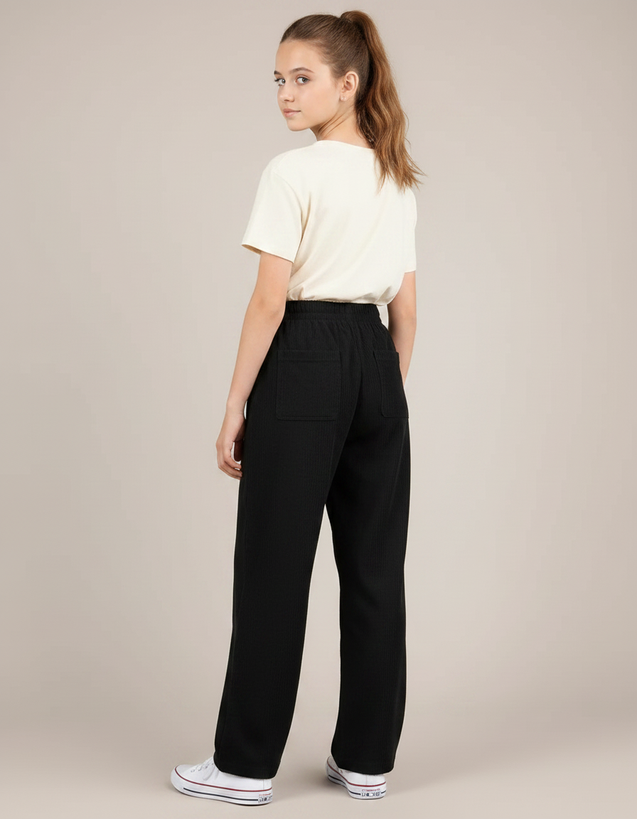 Pantalon Parachute Noir Côtelé Ample Fille Décontracté - Cordé - vue 2