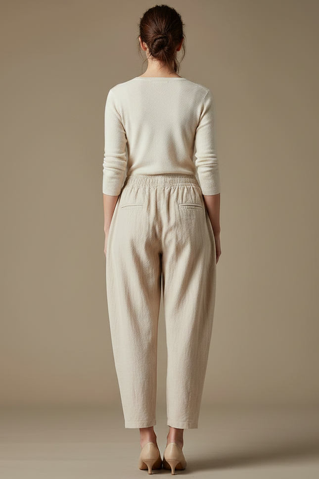Pantalon Parachute Lin Beige Ample Taille Élastique Femme - vue 2