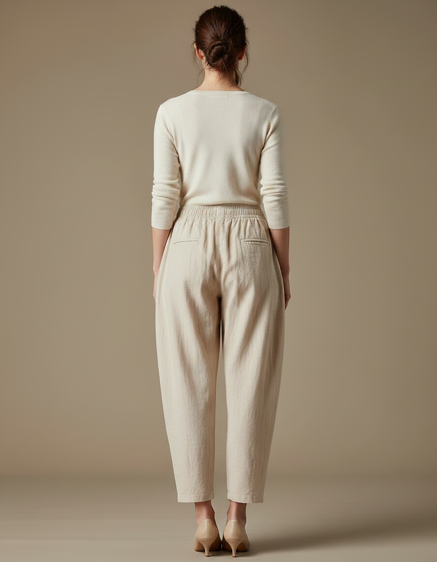 Pantalon Parachute Lin Beige Ample Taille Élastique Femme - vue 2