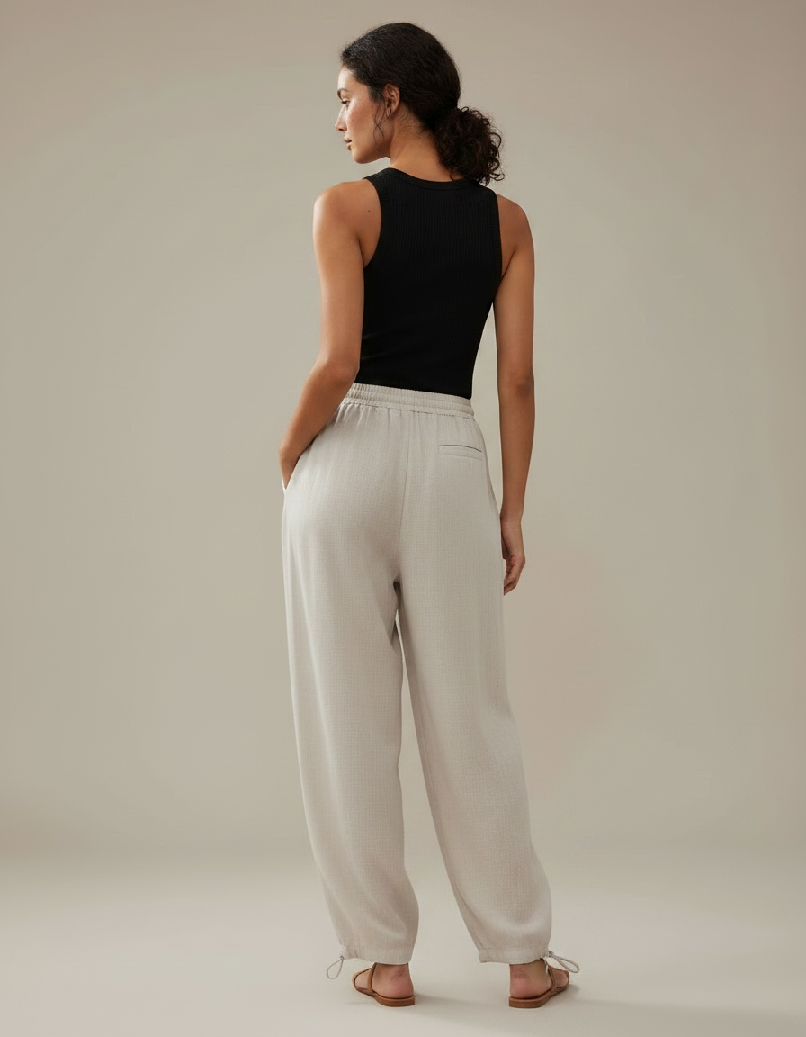 Pantalon Parachute Femme Beige Resserré Aux Chevilles - Lin - vue 2
