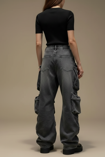 Pantalon Parachute Denim Ample Cargo Gris Délavé Femme - Jean - vue 2