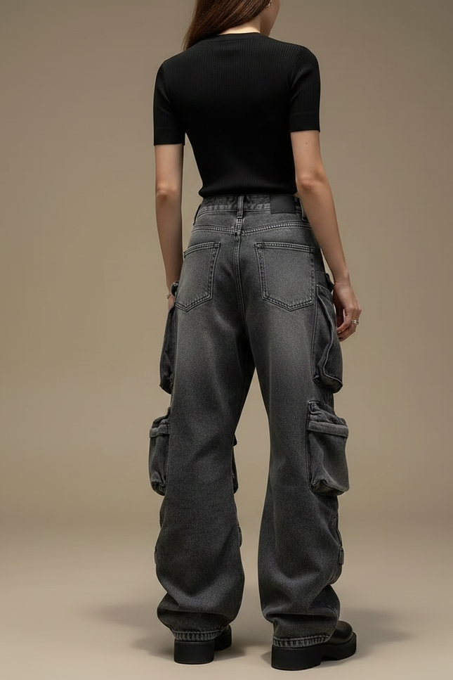 Pantalon Parachute Denim Ample Cargo Gris Délavé Femme - Jean - vue 2