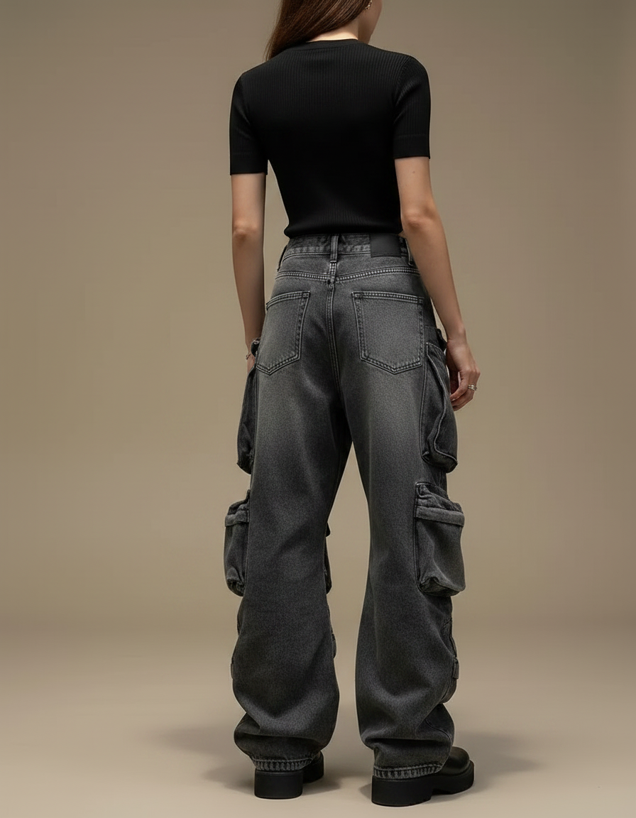 Pantalon Parachute Denim Ample Cargo Gris Délavé Femme - Jean - vue 2