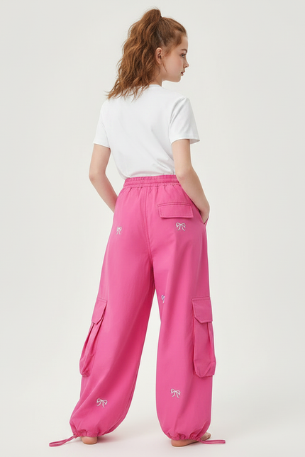 Pantalon Parachute Rose Fille Ample Brodé Cargo Décontracté - Toile - vue 2