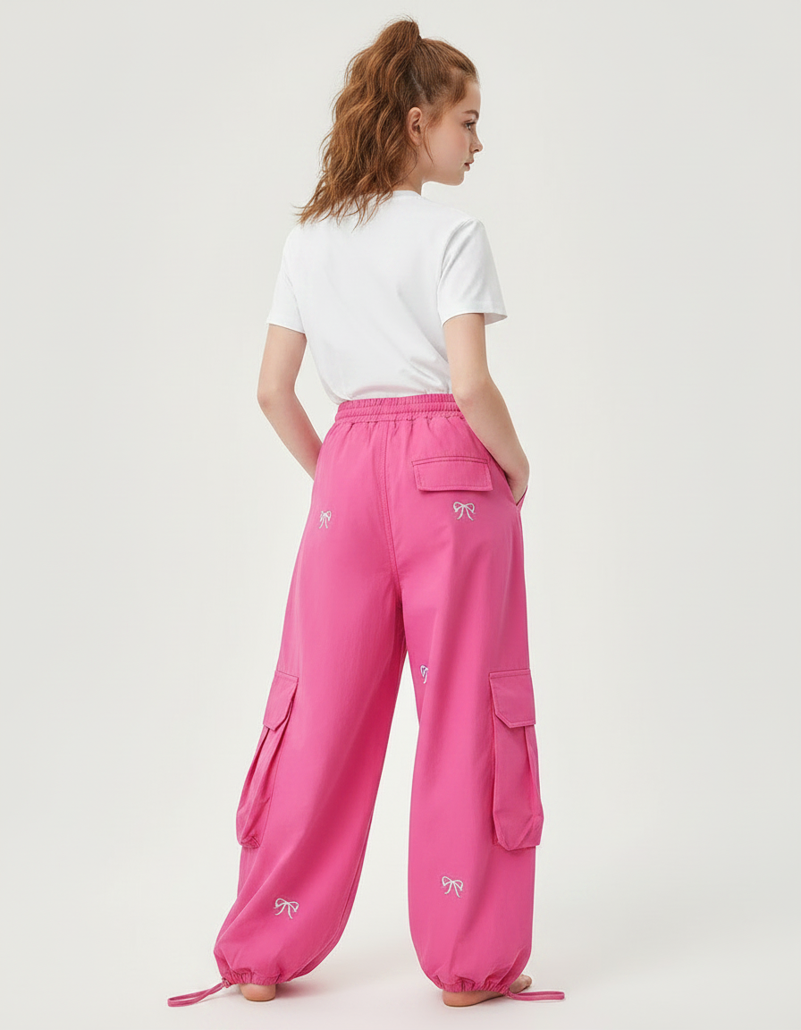 Pantalon Parachute Rose Fille Ample Brodé Cargo Décontracté - Toile - vue 2