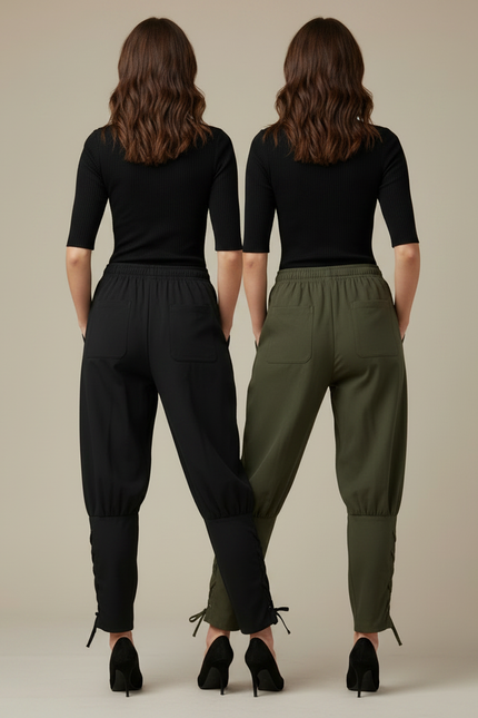 Pantalon Parachute Noir Kaki Ample Lacets Femme - Gabardine - vue 2