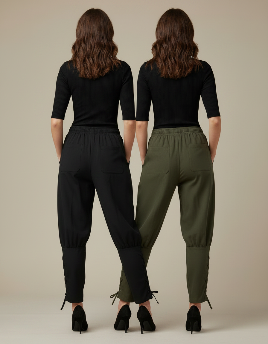 Pantalon Parachute Noir Kaki Ample Lacets Femme - Gabardine - vue 2