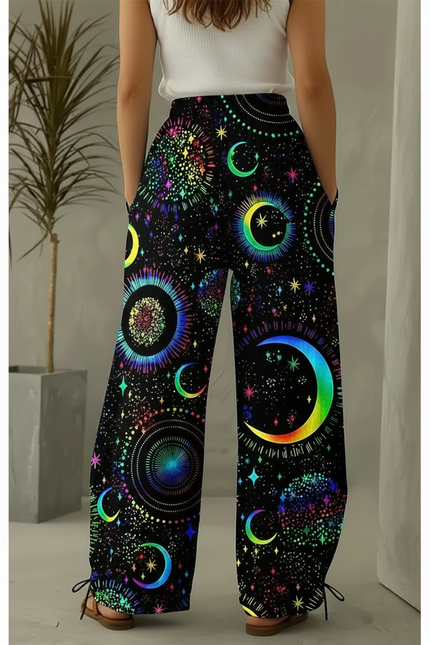 Pantalon Parachute Noir Ample Imprimé Lune Étoiles Femme - Polyester - vue 2