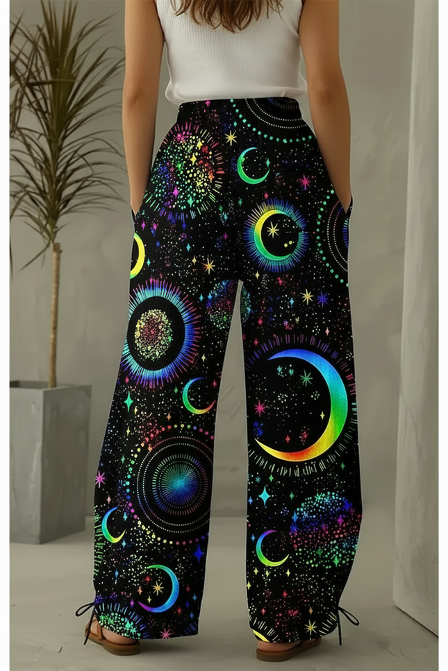 Pantalon Parachute Noir Ample Imprimé Lune Étoiles Femme - Polyester - vue 2