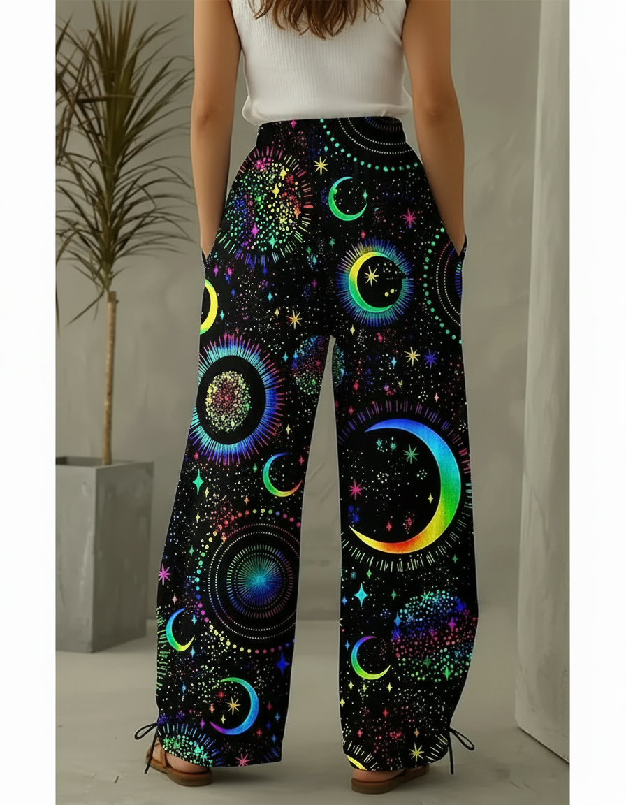 Pantalon Parachute Noir Ample Imprimé Lune Étoiles Femme - Polyester - vue 2