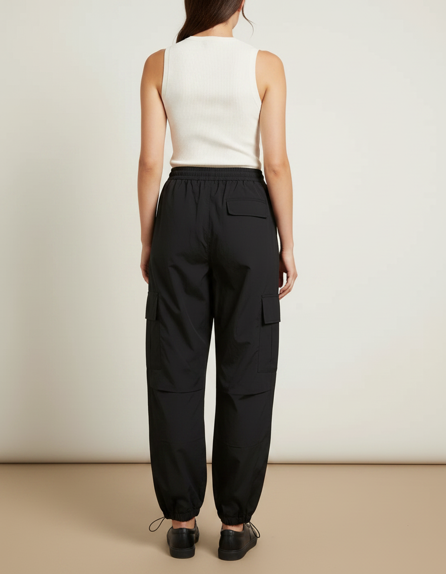 Pantalon Parachute Noir Cargo Fluide Cordon Femme - Polyester - vue 2