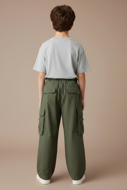 Pantalon Parachute Kaki Cargo Ample Garçon Uni - Polyester - vue 2