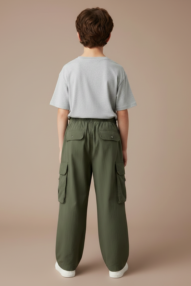 Pantalon Parachute Kaki Cargo Ample Garçon Uni - Polyester - vue 2