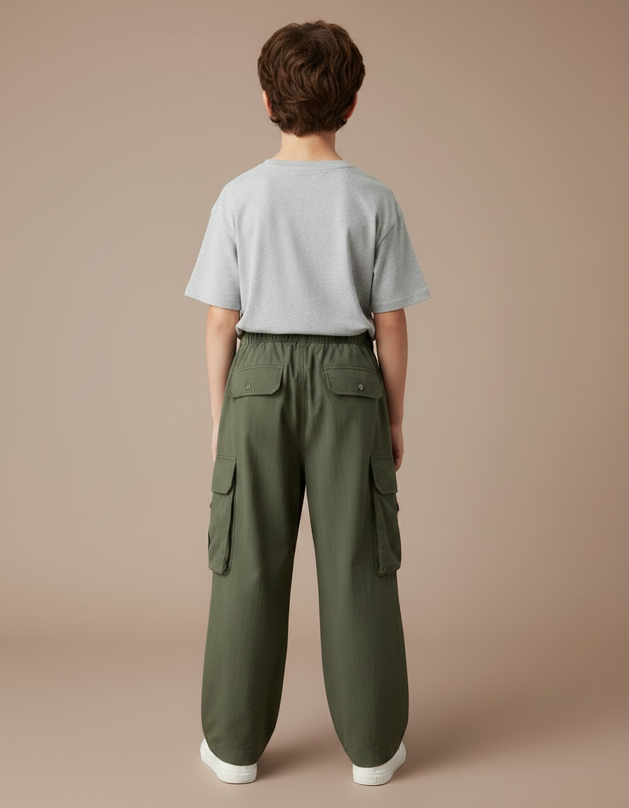 Pantalon Parachute Kaki Cargo Ample Garçon Uni - Polyester - vue 2